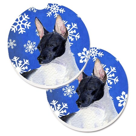 Carolines Treasures Rat Terrier Winter Snowflakes Holiday Set of 2 Cup Holder Car Coaster SS4618CARC